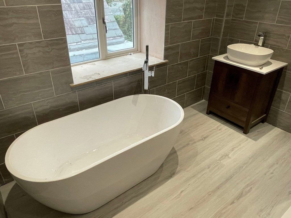 Bath and wood-finish vanity unit